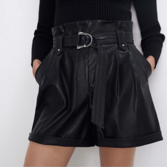 Zara High Waist Faux Leather Paper Bag Shorts Size S 3046/337 - Picture 2 of 8